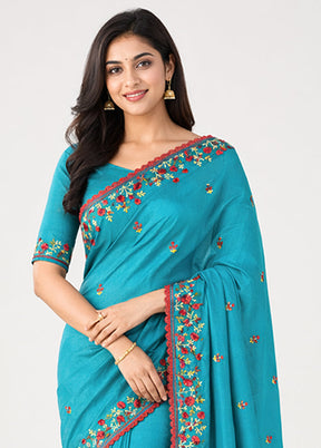 Blue Handloom Tussar Pure Silk Saree With Blouse Piece
