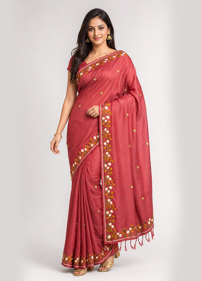 Pink Handloom Tussar Pure Silk Saree With Blouse Piece