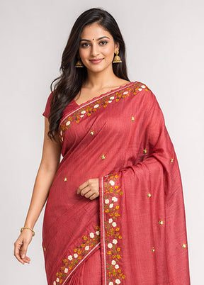 Pink Handloom Tussar Pure Silk Saree With Blouse Piece