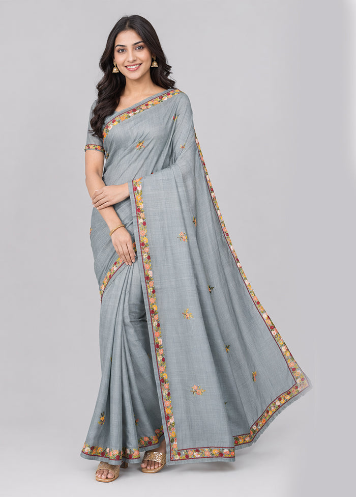 Grey Handloom Tussar Pure Silk Saree With Blouse Piece