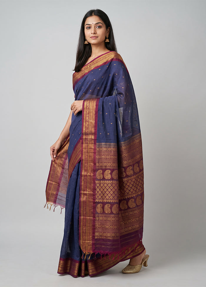 Blue Gadwal Pure Silk Saree Without Blouse Piece