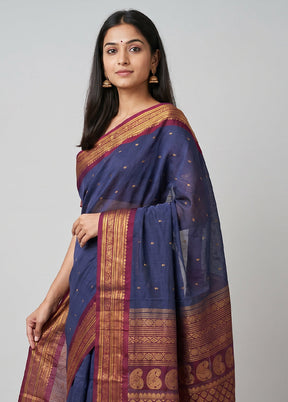 Blue Gadwal Pure Silk Saree Without Blouse Piece