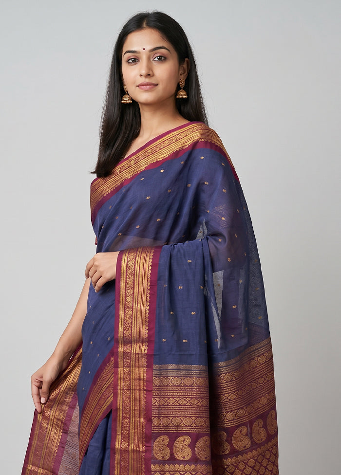 Blue Gadwal Pure Silk Saree Without Blouse Piece