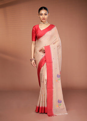 Cream Matka Silk Saree With Blouse Piece