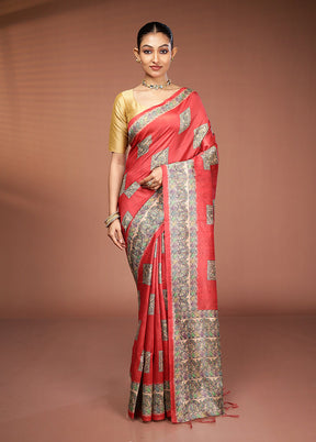 Rust Tussar Silk Saree With Blouse Piece