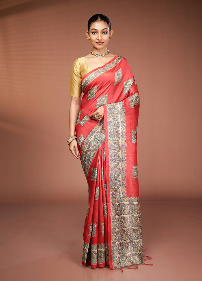 Rust Tussar Silk Saree With Blouse Piece