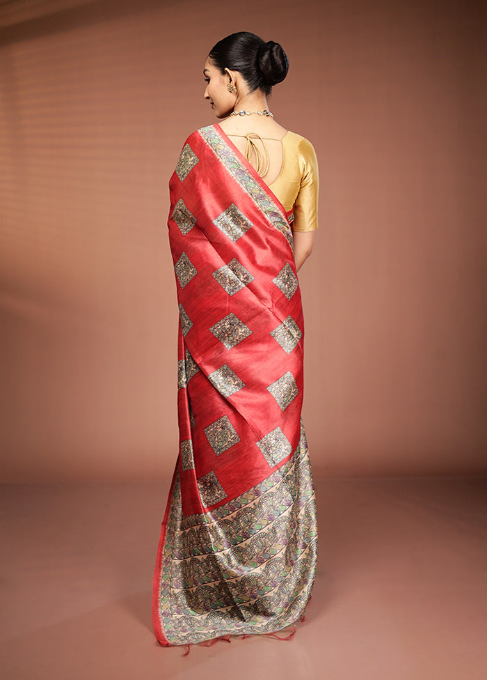 Rust Tussar Silk Saree With Blouse Piece