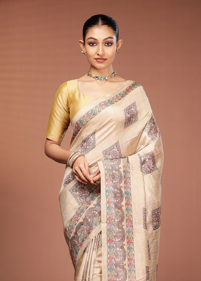 Cream Tussar Silk Saree With Blouse Piece