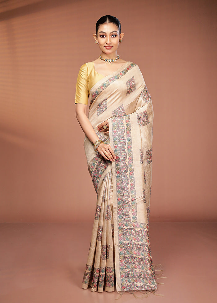 Cream Tussar Silk Saree With Blouse Piece