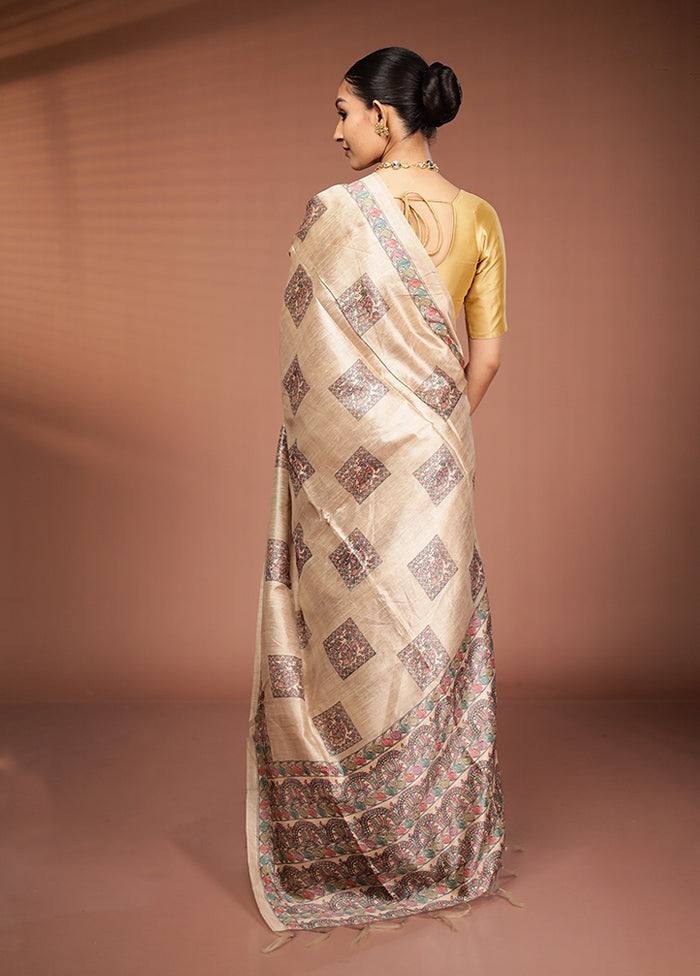 Cream Tussar Silk Saree With Blouse Piece