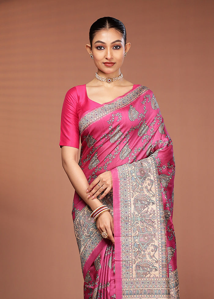 Pink Tussar Silk Saree With Blouse Piece