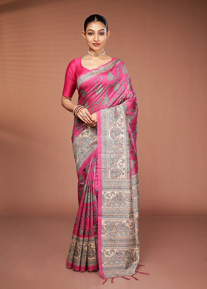 Pink Tussar Silk Saree With Blouse Piece