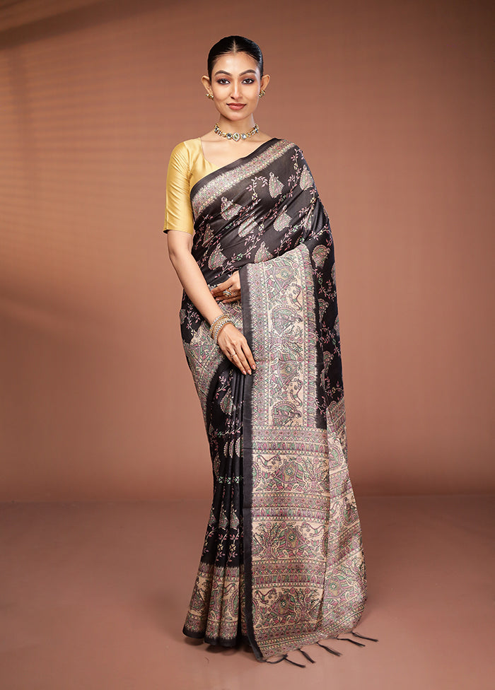 Black Tussar Silk Saree With Blouse Piece