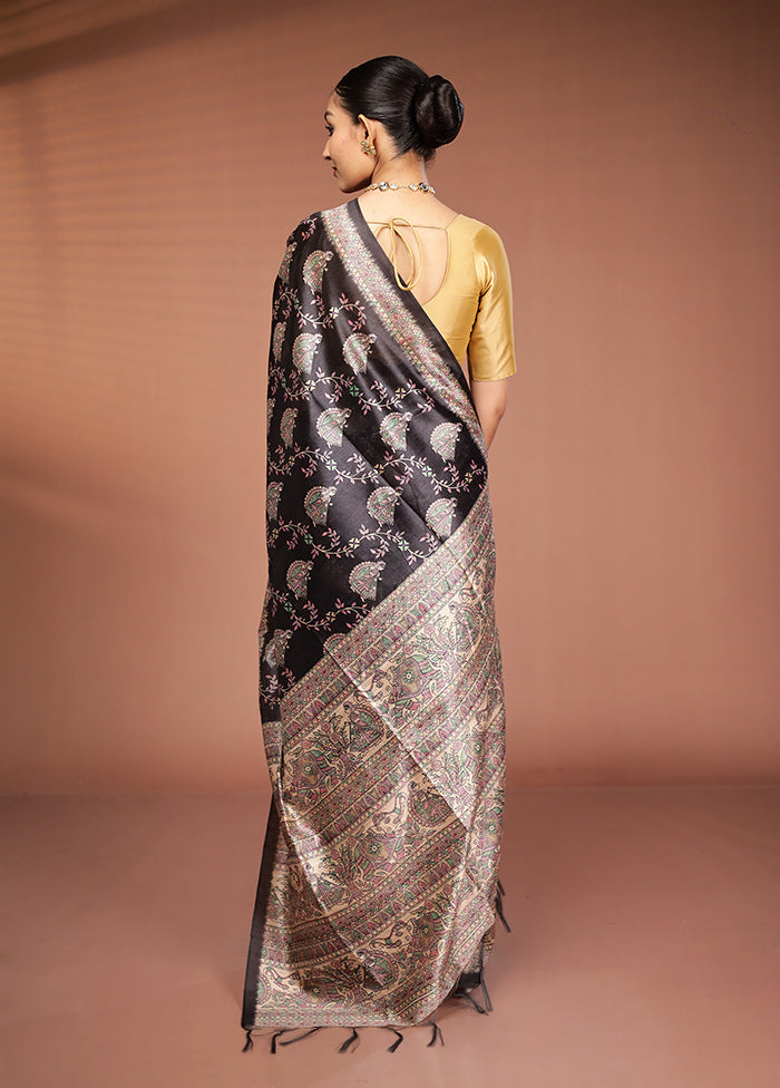 Black Tussar Silk Saree With Blouse Piece