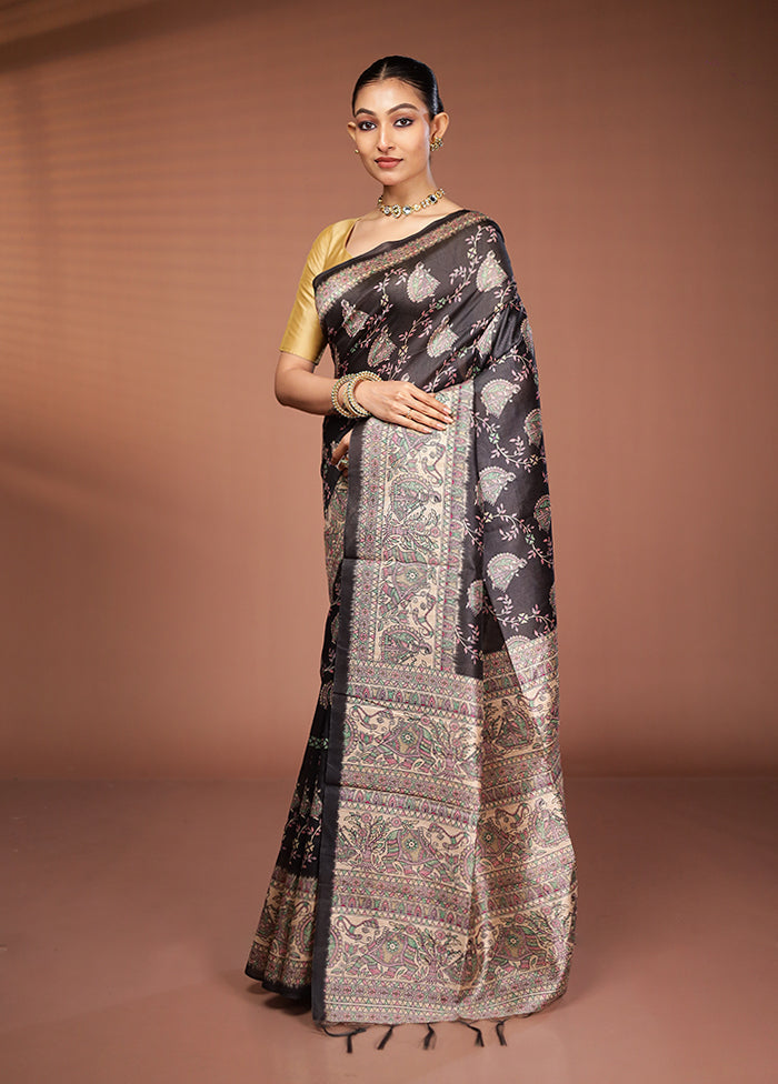 Black Tussar Silk Saree With Blouse Piece