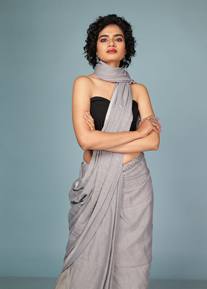 Grey Cotton Saree Without Blouse Piece