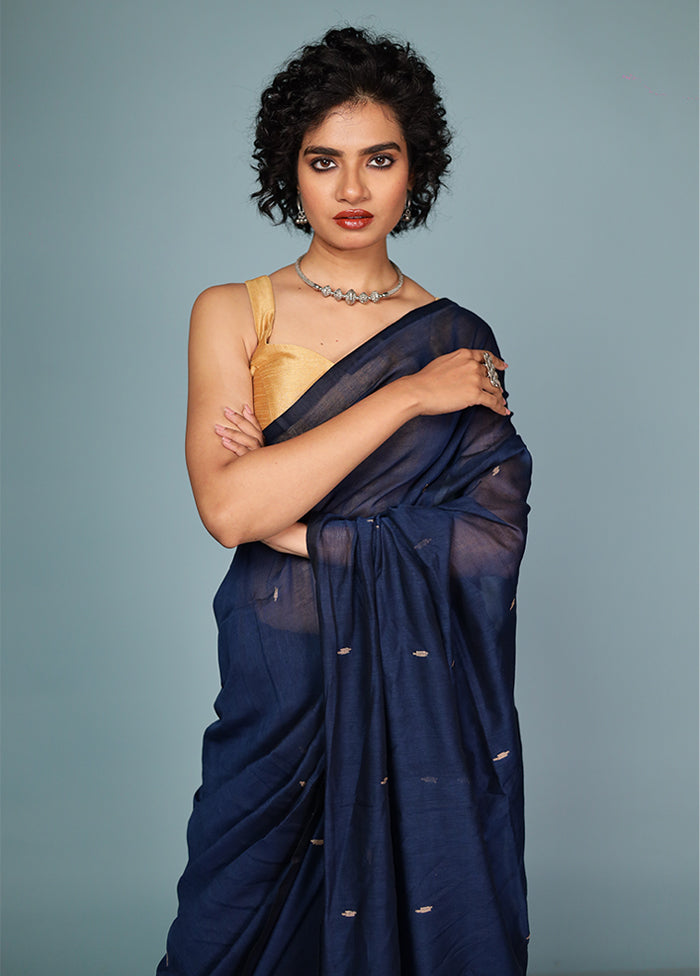 Blue Cotton Saree Without Blouse Piece
