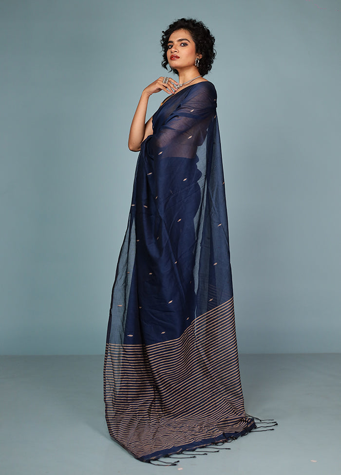 Blue Cotton Saree Without Blouse Piece