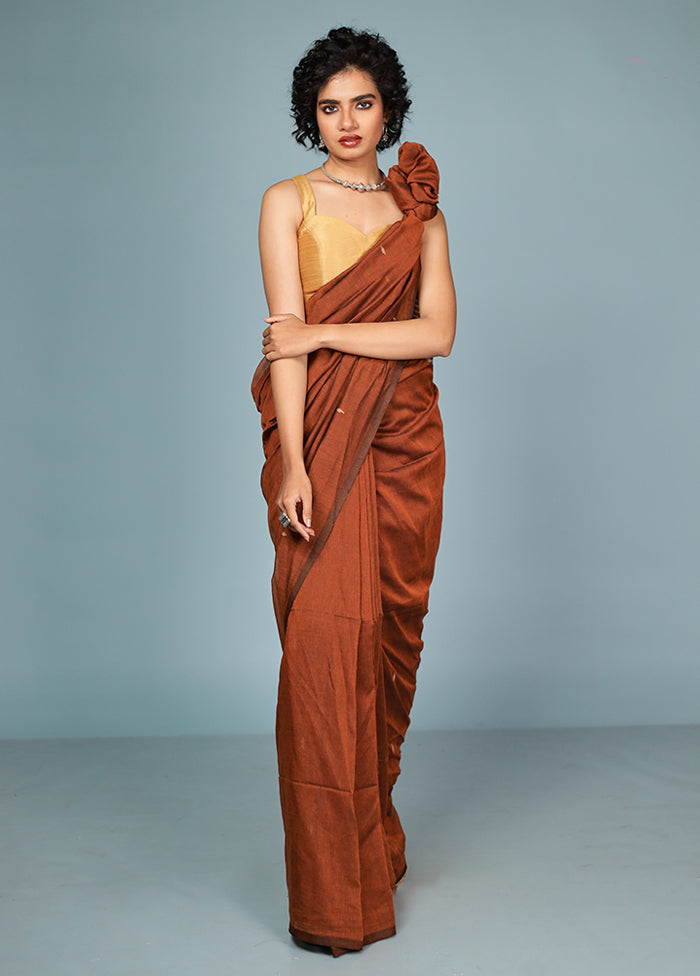 Rust Cotton Saree Without Blouse Piece