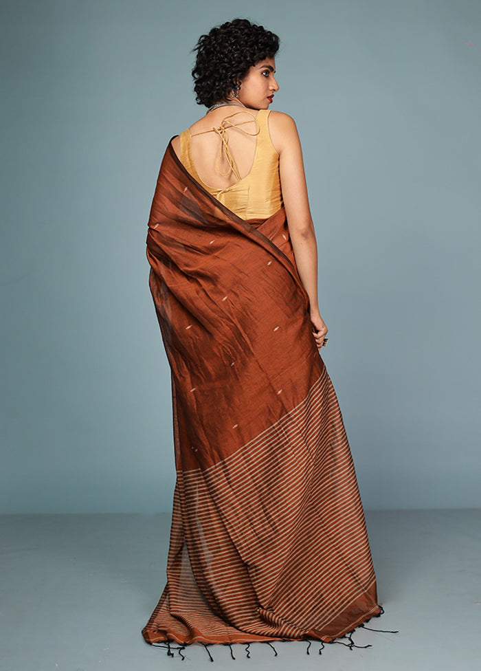Rust Cotton Saree Without Blouse Piece