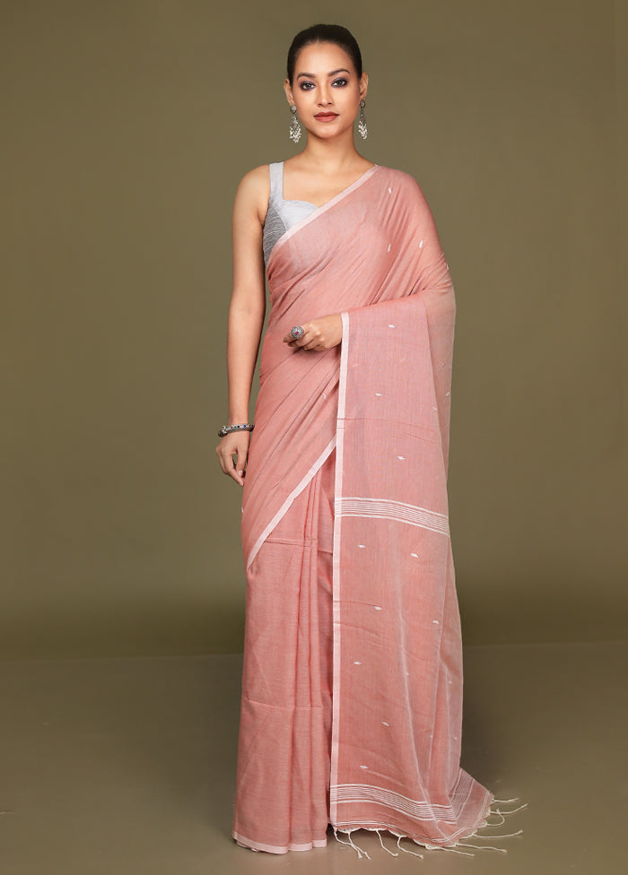 Peach Cotton Saree With Blouse Piece