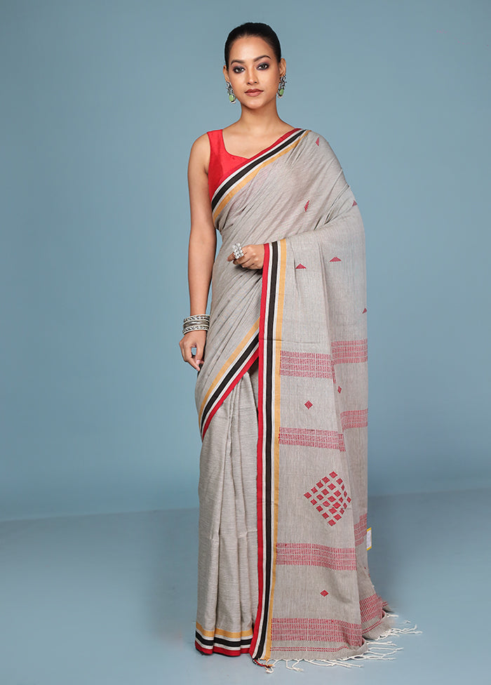 Grey Pure Cotton Saree With Blouse Piece
