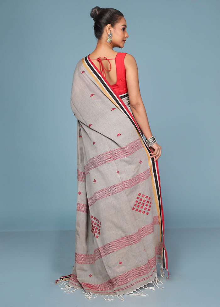 Grey Pure Cotton Saree With Blouse Piece