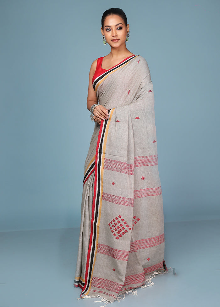 Grey Pure Cotton Saree With Blouse Piece