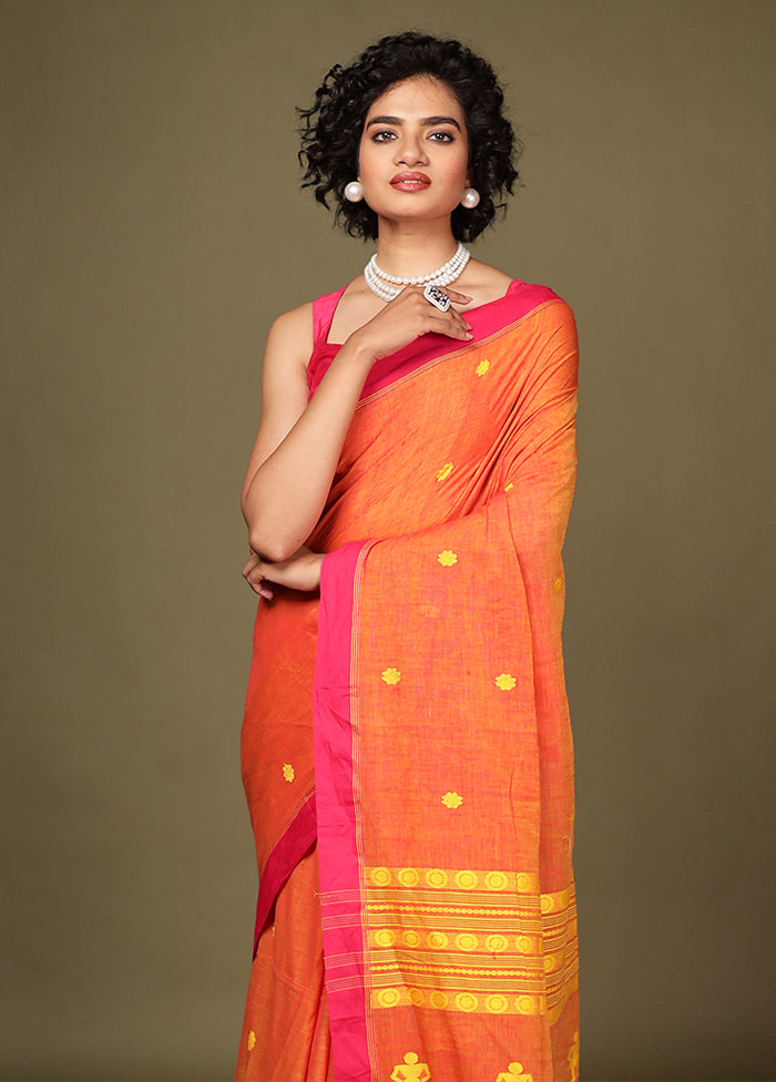 Orange Pure Cotton Saree Without Blouse Piece