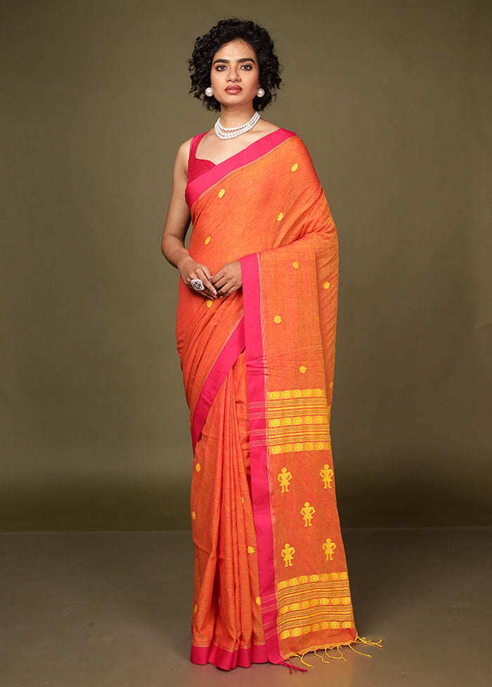 Orange Pure Cotton Saree Without Blouse Piece
