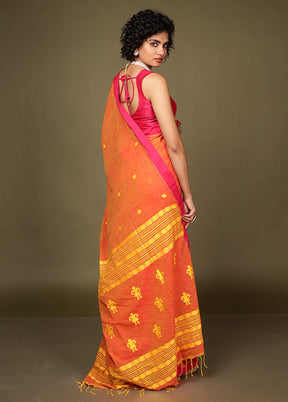 Orange Pure Cotton Saree Without Blouse Piece