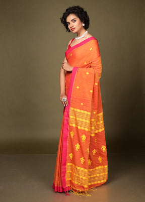 Orange Pure Cotton Saree With Blouse Piece