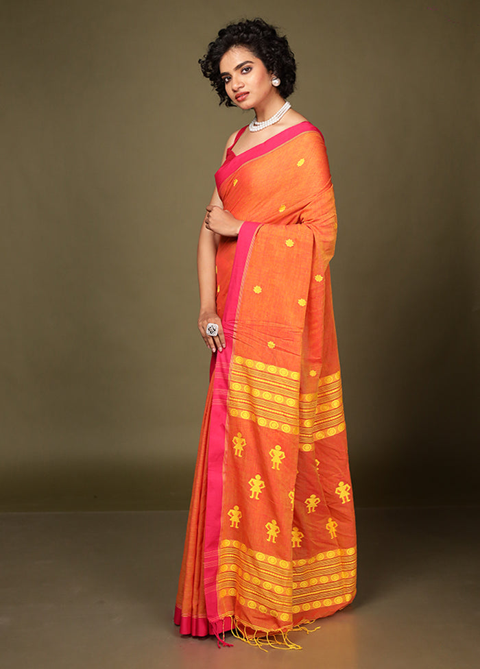 Orange Pure Cotton Saree With Blouse Piece