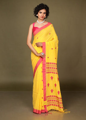 Yellow Pure Cotton Saree Without Blouse Piece