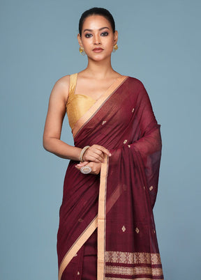 Maroon Pure Cotton Saree With Blouse Piece
