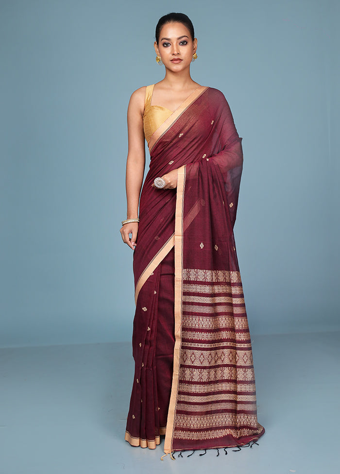 Maroon Pure Cotton Saree With Blouse Piece