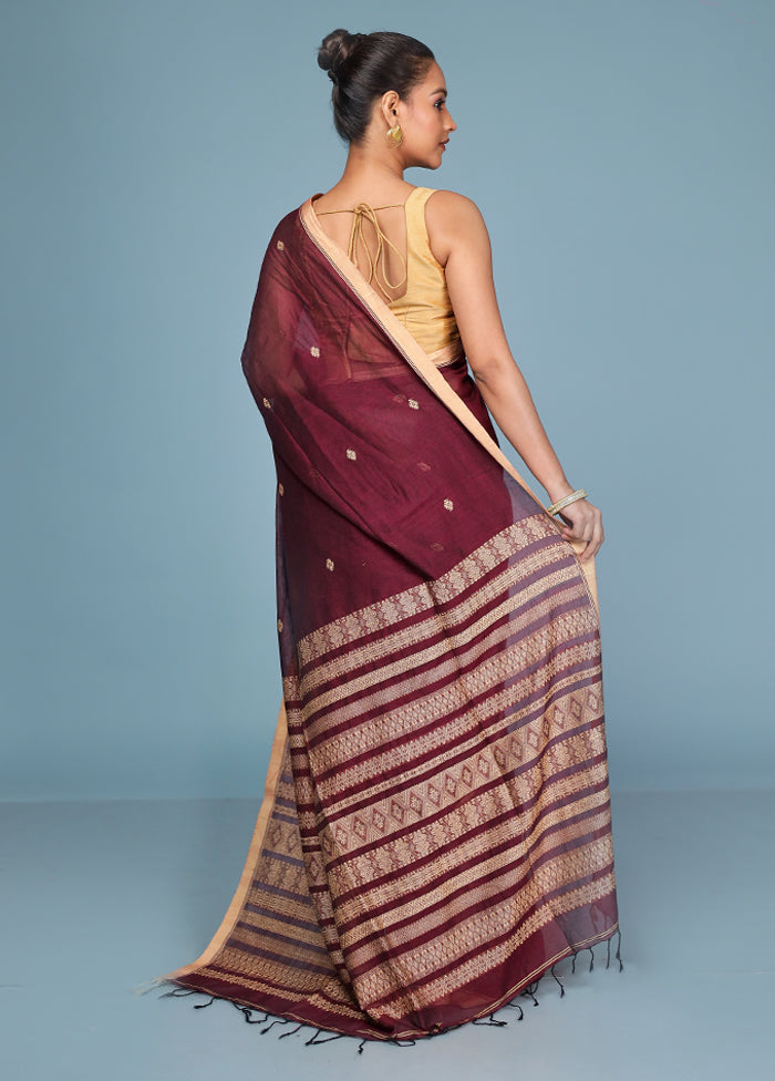 Maroon Pure Cotton Saree With Blouse Piece