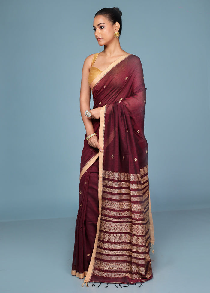 Maroon Pure Cotton Saree With Blouse Piece