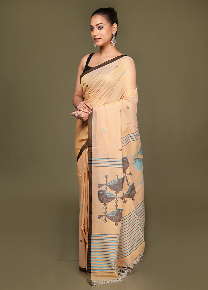 Peach Pure Cotton Saree With Blouse Piece