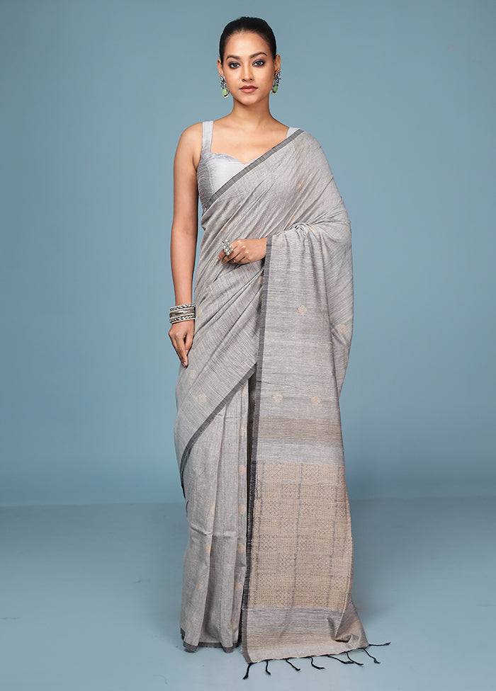 Grey Pure Cotton Saree With Blouse Piece