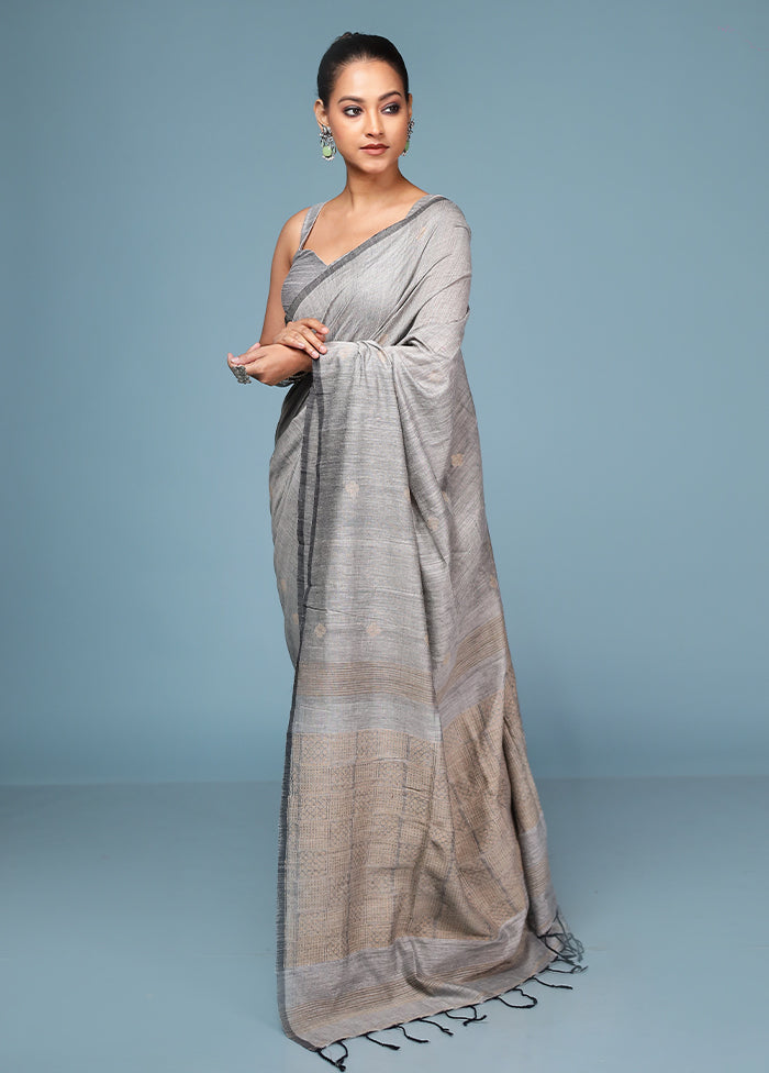 Grey Pure Cotton Saree With Blouse Piece