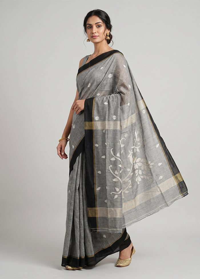 Grey Pure Cotton Saree With Blouse Piece