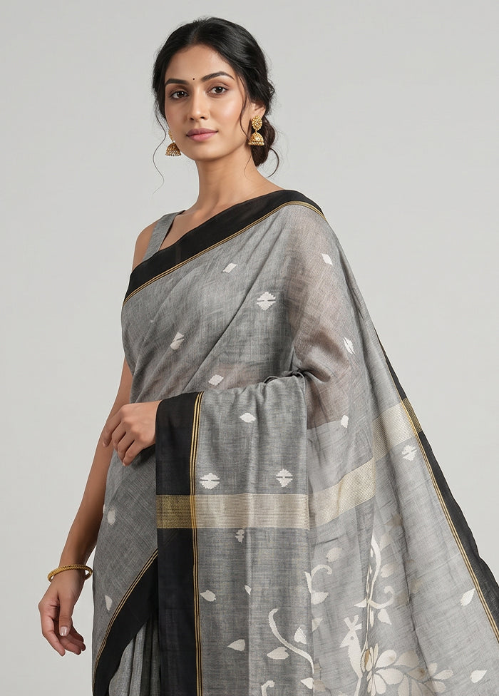 Grey Pure Cotton Saree With Blouse Piece