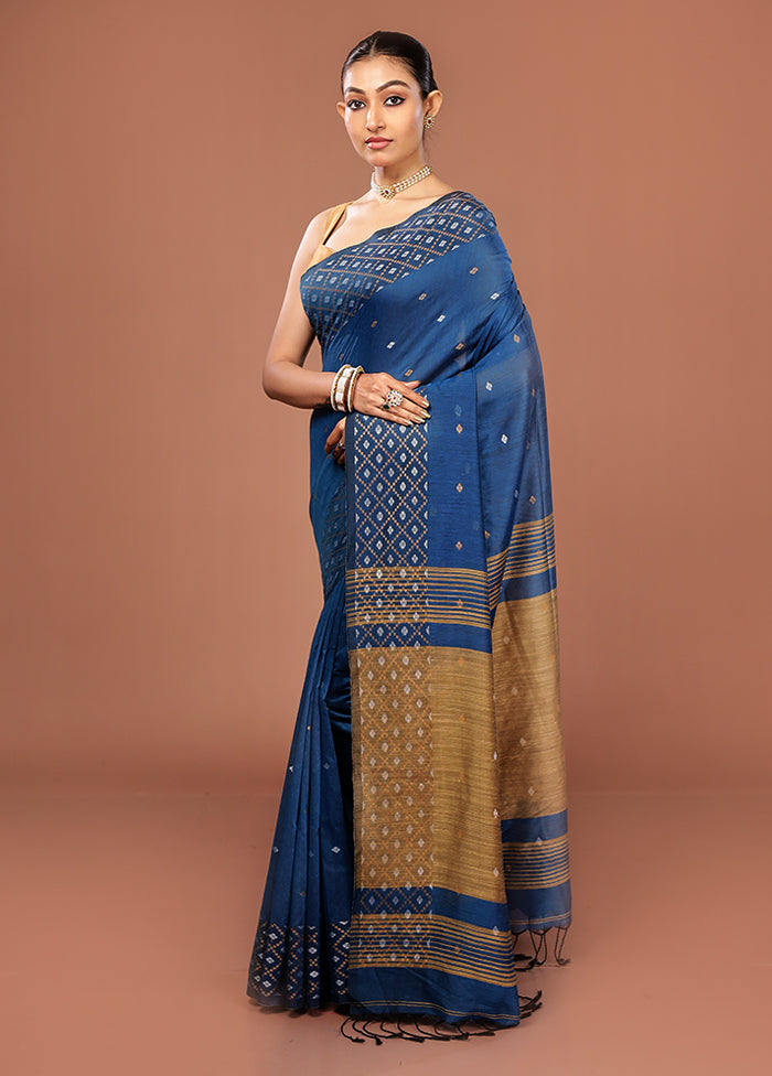 Blue Cotton Saree With Blouse Piece