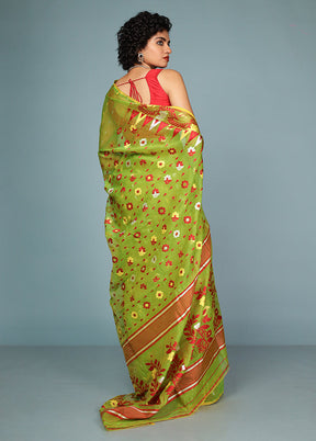 Green Tant Jamdani Saree Without Blouse Piece