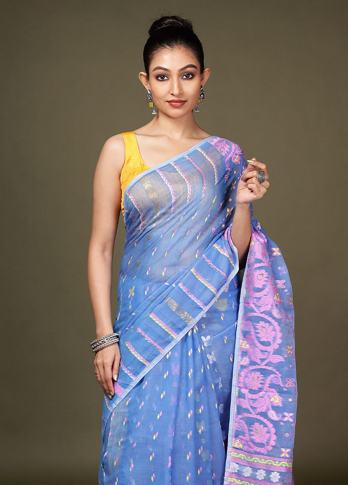 Blue Tant Cotton Saree Without Blouse Piece
