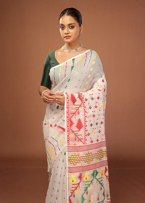 White Jamdani Cotton Saree Without Blouse Piece