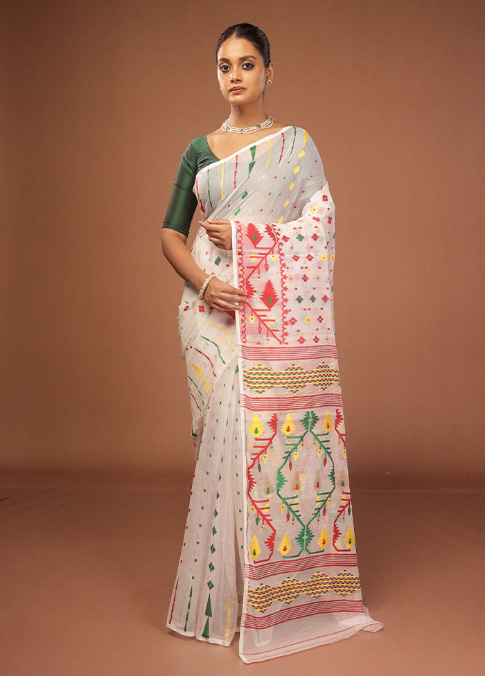 White Jamdani Cotton Saree Without Blouse Piece