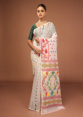 White Jamdani Cotton Saree Without Blouse Piece