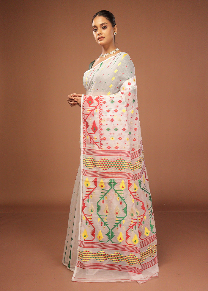 White Jamdani Cotton Saree Without Blouse Piece